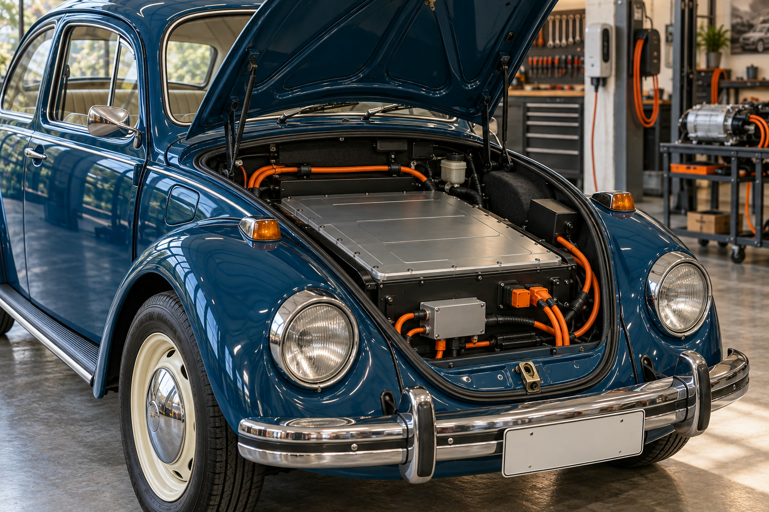 Porta-malas dianteiro do Fusca aberto com o pacote de bateria e cabos laranja.