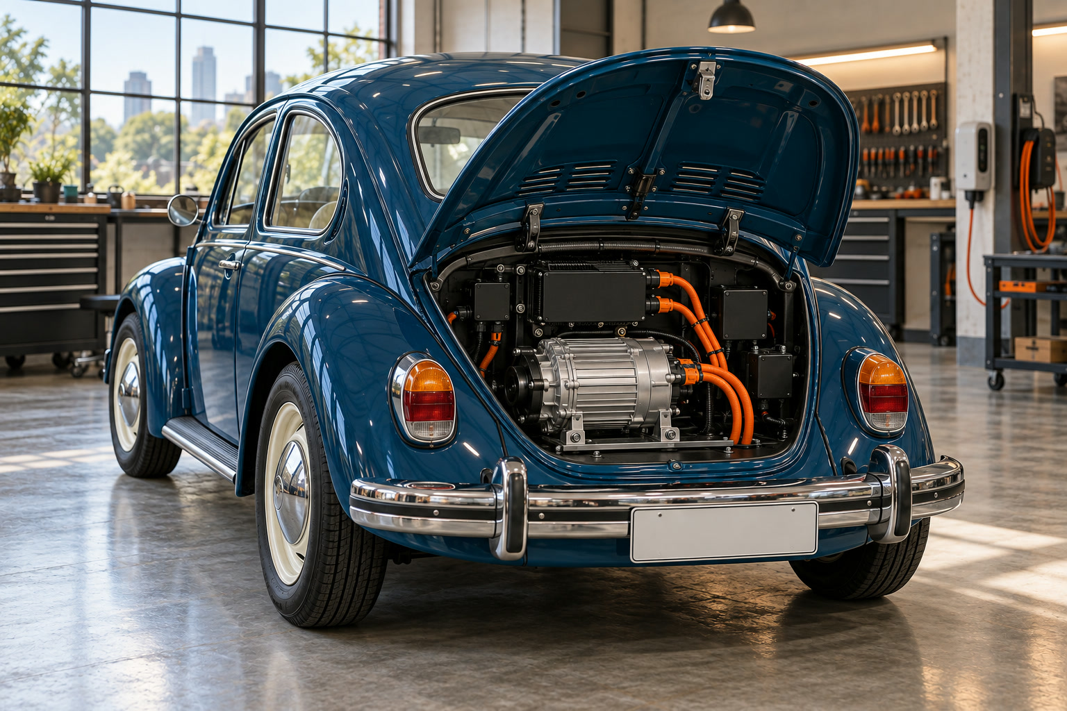 Tampa traseira do Fusca aberta, mostrando um motor elétrico compacto no lugar do motor a gasolina.