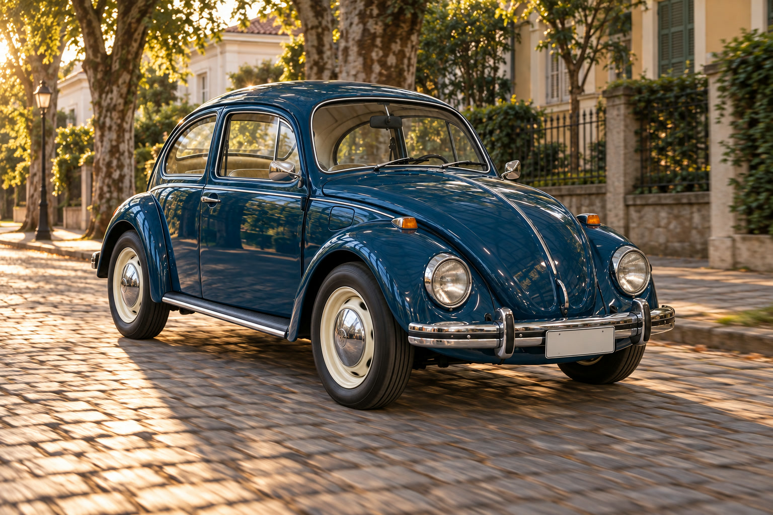 Fusca azul-petróleo parado numa rua de paralelepípedo ao fim da tarde.